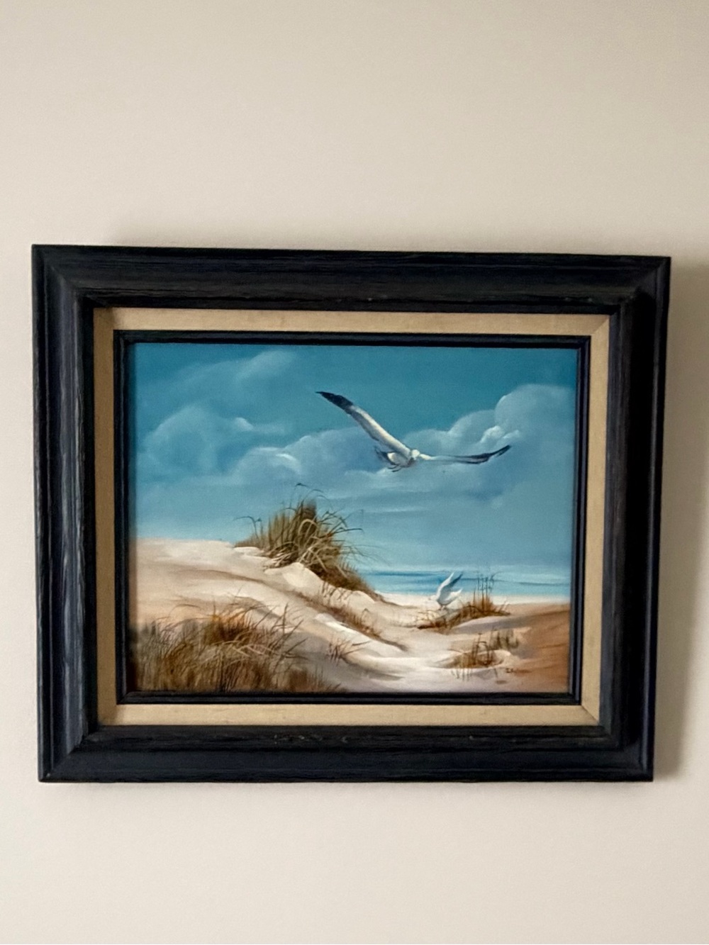 Vtg Fredrix Canvas Framed Artwork Signed I. Futrell 19x16.5 Seagulls Beach Scen